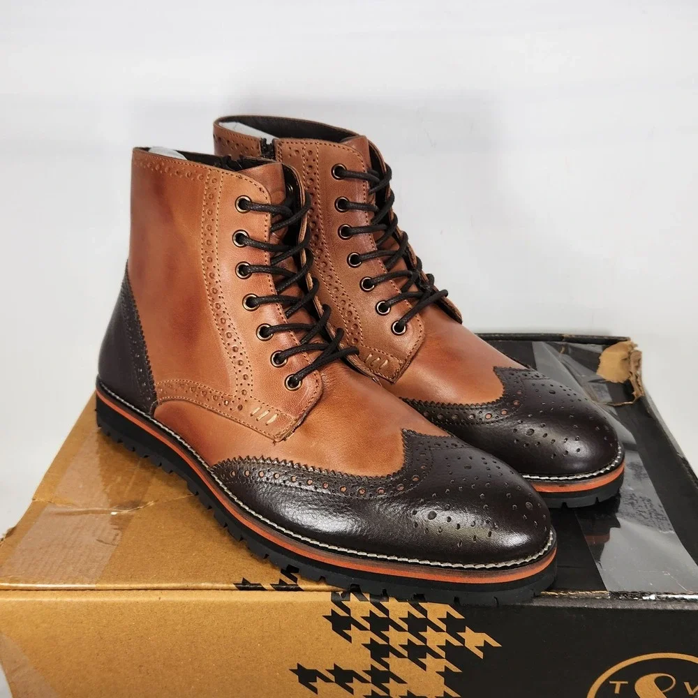 Thomas & Vine Elijah Boot Mens Size 8 Tan Two-Tone Leather Wingtip Brogue Zip Up